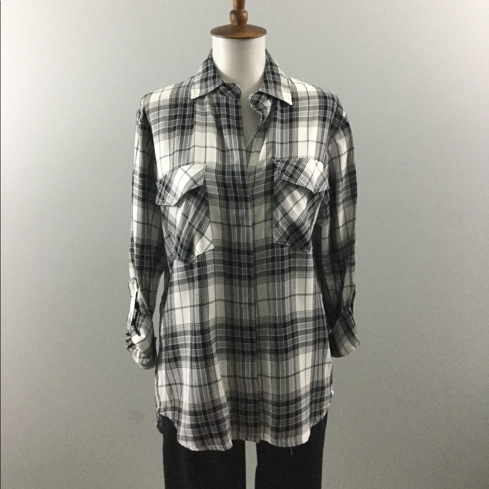 Sam Edelman Riley Plaid Black & White Button Front Top - Picture 4 of 8